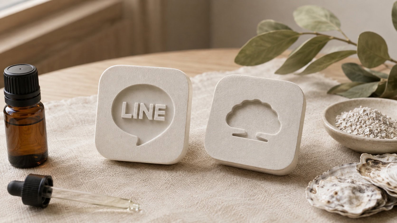 品牌客製擴香石情境示意，呈現 LINE 識別、樹形造型與香氛使用情境