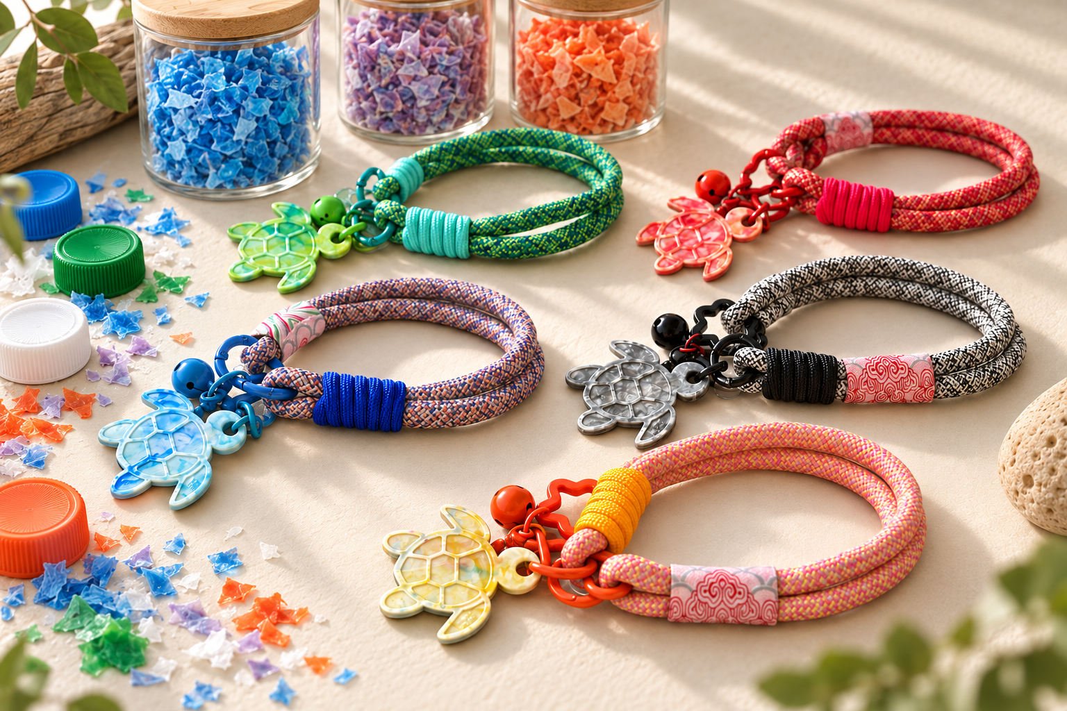 Bottle-cap turtle charms and colourful recovered-plastic fragments